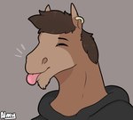 anthro blep clothing ear_piercing eyes_closed hoodie male piercing simple_background smile solo tongue tongue_out topwear almy brick_heartstone equid equine horse mammal absurd_res hi_res