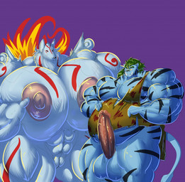 abs anthro areola big_ball big_breasts big_muscles big_penis blue_body blue_fur breasts clothing duo fangs female fire fur genitals green_hair hair huge_breasts huge_muscles huge_penis hyper hyper_breasts male markings musclegut muscular muscular_anthro muscular_female muscular_male nipples nude overweight overweight_anthro overweight_male penis striped_body striped_fur stripes teeth topwear vulva white_body white_fur bobert capcom okami_(capcom) yu_yu_hakusho amaterasu_(okami) byakko_(yu_yu_hakusho) canid canine canis deity felid mammal pantherine tiger wolf 2015 crossover digital_media_(artwork) hi_res