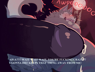 abstract_background anthro awoo ball_grab balls big_butt big_penis black_body black_fur blush bodily_fluids bubble_butt butt butt_focus claws cum cum_from_ass cum_in_ass cum_inside dialogue drooling duo exclamation_point full_moon fur genital_fluids genitals glowing glowing_eyes grey_body grey_fur hand_on_butt huge_penis humanoid_genitalia humanoid_penis hyper hyper_genitalia hyper_penis leaking_cum looking_back low-angle_view male moon nude open_mouth penis precum profanity raised_tail red_background red_eyes role_reversal saliva scar scared shadow_face simple_background tail text tongue tongue_out pinumontbalou dislyte lilith_games mythology freddy_(dislyte) canid canine canis mammal mythological_canine mythological_creature werecanid werecanine werecreature werewolf wolf 2025 colored colored_line_art digital_drawing_(artwork) digital_media_(artwork) english_text hi_res shaded signature