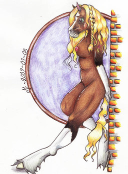 against_surface against_wall anthro blonde_hair braided_hair breasts brick brick_wall brown_body brown_fur female fur green_eyes hair hooves nude side_boob simple_background solo wall_(structure) white_body white_fur yellow_body yellow_fur malmad equid equine horse mammal 2009 dated
