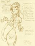 anthro breasts cleavage clothed clothing dress english_text female gloves hair handwear king-cheetah lizard monochrome non-mammal_breasts reptile scalie simple_background sketch solo spots standing teela_smothers text white_background