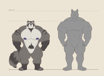 4_toes abs anthro areola arm_markings barazoku biceps big_muscles big_nipples big_pecs biped black_claws claws closed_smile comparing countershade_face countershade_fur countershade_torso countershading deltoids dot_eyes duo facial_markings featureless_crotch feet fingerless_(marking) fingerless_gloves_(marking) fingers fist front_view fur fur_markings gloves_(marking) grey_body grey_fur grey_pubes head_markings huge_muscles humanoid_hands hyper hyper_muscles imperial_unit larger_anthro larger_male leg_markings looking_at_viewer looking_forward male male_anthro manly markings mask_(marking) measurements metric_unit mouth_closed multicolored_body multicolored_fur muscular muscular_anthro muscular_male navel nipples nude nude_anthro nude_male number pecs plantigrade pubes purple_areola purple_eyes purple_nipples purple_nose quads ring_(marking) ringed_tail shoulder_markings silhouette simple_background simple_eyes size_difference smaller_anthro smaller_male smile socks_(marking) standing stated_height striped_markings striped_tail stripes tail tail_markings text toe_claws toeless_(marking) toeless_socks_(marking) toes trapezius triceps v-cut white_body white_countershading white_fur theor canid canine canis mammal procyonid raccoon digital_drawing_(artwork) digital_media_(artwork) flat_colors full-length_portrait handwritten_text hi_res portrait