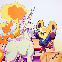 ambiguous_gender anthro blush blush_lines bottomless butt chair claws clothed clothing crescent_moon_(marking) duo eyelashes eyes_closed featureless_crotch feral fire flaming_hair flaming_mane fur furniture horn markings moon_(marking) open_mouth orange_body pink_eyes pseudo_hair pseudo_mane size_difference table tail tongue topwear topwear_only yellow_body yellow_fur 025aki mythology nintendo pokemon bear equid equine generation_1_pokemon generation_2_pokemon mammal mythological_creature mythological_equine pokemon_(species) rapidash teddiursa unicorn 2026 absurd_res dated hi_res signature