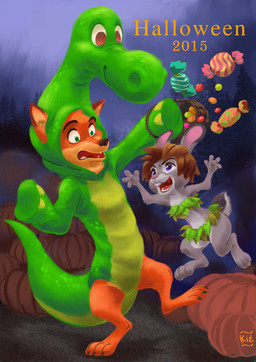 anthro clothing duo female fur grey_body grey_fur holidays long_ears male orange_body orange_fur size_difference kit-ray-live disney halloween pixar the_good_dinosaur zootopia judy_hopps nick_wilde canid canine fox lagomorph leporid mammal rabbit red_fox true_fox 2015 absurd_res crossover hi_res