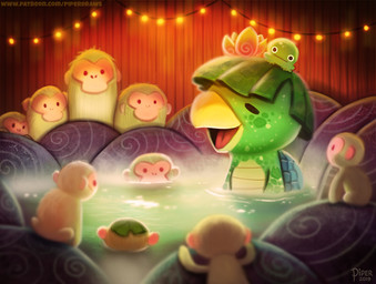 ambiguous_gender black_eyes dot_eyes eyes_closed feral flower fur green_body green_scales group hot_spring lights lily_pad looking_at_another open_mouth pink_eyes plant rock scales simple_eyes tan_body tan_fur text water water_lily yellow_body piper_thibodeau asian_mythology east_asian_mythology japanese_mythology mythology amphibian frog haplorhine japanese_macaque kappa macaque mammal monkey old_world_monkey primate yokai 2019 digital_media_(artwork) digital_painting_(artwork) painting_(artwork) url