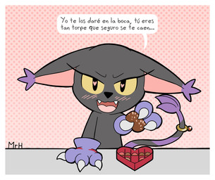 anthro black_body black_fur blush border box_of_chocolates candy chocolate claws clothing dessert dialogue eyelashes feeding_partner female food fur gloves handwear heart_pupils heart_symbol holidays infatuation jewelry looking_at_viewer open_mouth smile solo tail text white_border mr_harinezumi bandai_namco digimon valentine's_day nera_(el_senor_erizo) blackgatomon digimon_(species) felid feline mammal absurd_res hi_res spanish_text translated