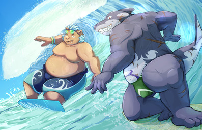 5_fingers anthro back_scar belly biped blue_hair chest_scar clothed clothing duo facial_scar fingers hair humanoid_hands male nipples overweight red_eyes scar speedo speedo_only surfboard surfing swimming_trunks swimwear topless water wave nakatatrans lifewonders tokyo_afterschool_summoners ganglie_(tas) typhon_(tas) fish mammal marine shark suid suine sus_(pig) wild_boar 2025 colored