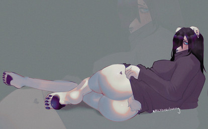 5_toes anthro barefoot big_butt black_hair blue_eyes blush bodily_fluids bottomless bottomless_anthro bottomless_female breasts butt clothed clothed_anthro clothed_female clothing ear_piercing feet female female_anthro fingers green_background grey_clothing grey_sweater grey_topwear hair heart_(marking) humanoid_feet humanoid_hands iris long_hair looking_at_viewer looking_back looking_back_at_viewer lying markings nervous on_side one_eye_obstructed pawpads piercing plantigrade plantigrade_pawpads pose pupils purple_pawpads rear_view relaxing short_tail shy simple_background solo sweat sweatdrop sweater sweater_only tail toes topwear topwear_only white_body milkbearbunny bunny_(milkbearbunny) bear mammal full-length_portrait pinup portrait