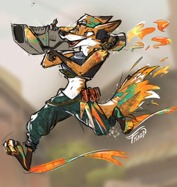 4_toes anthro barefoot chaos claws curling_toes explosives feet female grenade happy jumping midriff paint pawpads pink_pawpads ranged_weapon rocket_launcher slim soles solo toes weapon fyixen riot_games tencent valorant raze_(valorant) canid canine fox mammal red_fox true_fox absurd_res hi_res