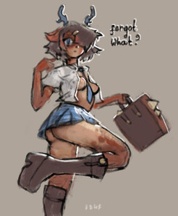 accessory anthro between_breasts blue_eyes blue_horn boots bottomwear breasts brown_body brown_fur brown_hair butt clothed clothing female footwear fur gesture hair hair_accessory hairclip hand_gesture horn necktie open_clothing open_shirt open_topwear pointing pointing_at_self shirt shoes simple_background skirt solo spots suitcase topwear lewb deer mammal absurd_res hi_res
