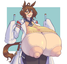 big_breasts blush bottomwear breast_expansion breasts brown_eyes brown_hair clothing coat expansion female hair holding_vial huge_breasts nipples open_mouth pants simple_background smile solo sweater tail topwear kittenboogers cygames uma_musume_pretty_derby agnes_tachyon_(pretty_derby) animal_humanoid equid equid_humanoid equine equine_humanoid horse_humanoid humanoid mammal mammal_humanoid 2026 hi_res
