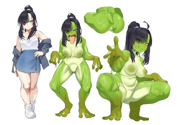 4_toes 5_fingers black_hair bottomwear breasts butt clothing crouching featureless_crotch feet female fingers footwear green_body growth hair looking_at_viewer membrane_(anatomy) nipples nude open_mouth ponytail shirt shoes simple_background skirt solo species_transformation standing tail tail_growth toes tongue tongue_out topwear transformation webbed_feet webbed_hands white_background neko_kaminari80 amphibian frog human mammal 2026 absurd_res digital_media_(artwork) hi_res sequence