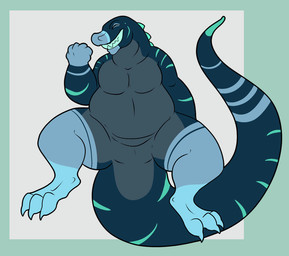 3_toes 5_fingers ambiguous_anthro ambiguous_gender anthro bent_arm bent_legs blue_body blue_claws blue_eyes blue_skin blue_stripes blue_tail claws eyes_closed featureless_chest featureless_crotch feet fingers fist grey_body grey_skin long_tail male markings nude nude_anthro nude_male simple_background slightly_chubby slightly_chubby_anthro slightly_chubby_male solo spines spread_legs spreading striped_arms striped_markings striped_tail stripes tail tail_markings teal_spines teal_stripes teal_teeth teeth thick_tail thick_thighs toe_claws toes toothy_smile grosspotoo kaiju reptile scalie 2016 digital_drawing_(artwork) digital_media_(artwork) english_description flat_colors full-length_portrait portrait