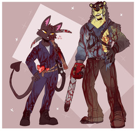 anthro big_fangs black_nose blood blue_clothing blue_overalls bodily_fluids brown_body brown_fur chainsaw chainsaw_arm clothed clothing duo excessive_blood fangs front_view fur glistening glistening_eyes green_body green_fur grey_body grey_fur grin holding_pickaxe looking_aside male male_anthro muscular muscular_anthro muscular_male narrowed_eyes overalls power_tool slim_anthro slim_male smile spade_tail standing tail teeth tools yellow_eyes swampjaws swamp_jaws_(imperatorcaesar) felid mammal hi_res