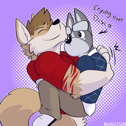 affectionate anthro biceps bodily_fluids bottomless bottomwear clothed clothing duo fluffy fluffy_tail footwear hug lifting male male/male pants pattern_background shirt shirt_only shoes simple_background tail tears topwear topwear_only fizzyjay jamie_(jethrobuck) junior_(jrjresq) canid canine canis domestic_dog mammal wolf 1:1 hi_res