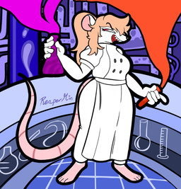 anthro barefoot blonde_hair breasts chef chemicals clothed clothing evil_face feet female fur gecko_boi hair holding_object laboratory open_mouth simple_background smile solo standing tail teeth itsreapermin janna_(gecko_boi) mammal murid murine rat rodent digital_media_(artwork) hi_res