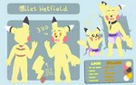 anthro baby brown_spots brown_stripes clothed clothing collar diaper facial_scar feral fur male notched_tail orange_eyes puffed_cheeks scar solo spots stripes wearing_diaper yellow_body yellow_fur young young_anthro young_male fennecat nintendo pokemon miles_(fennecat) generation_1_pokemon pikachu pokemon_(species) 16:10 hi_res model_sheet watermark widescreen