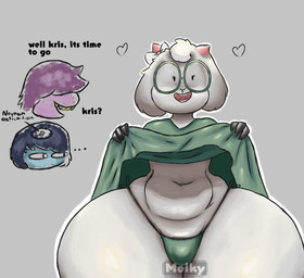 ambiguous_gender anthro blue_body blue_hair blue_skin bow_ribbon clothing dot_eyes ellipsis eyewear female floppy_ears fur glasses group hair heart_symbol horn huge_hips huge_thighs hyper hyper_hips hyper_thighs looking_at_viewer male male_focus navel open_mouth purple_body purple_hair question_mark robe robe_lift simple_eyes text thick_thighs thong trio underwear white_body white_fur wide_hipped_male wide_hips gothicc deltarune neuron_activation undertale_(series) kris_dreemurr ralsei susie_(deltarune) bovid caprine darkner dinosaur goat human mammal prehistoric_species reptile scalie english_text meme