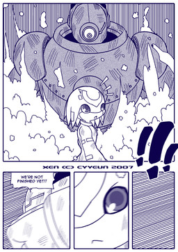 :o anthro border dialogue duo exclamation_point facial_markings fight forehead_markings head_markings machine male markings open_mouth smoke speech_bubble text white_border cyyeun xen_(series) switch_(xen) alien robot 2007 blue_and_white comic dated english_text monochrome