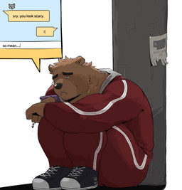 anthro black_nose bodily_fluids bottomwear brown_body brown_fur cellphone cigarette clothing crying electronics footwear fur hoodie kemono male pants phone sad shoes sitting smartphone sneakers solo tears text topwear warr bear mammal 2023 absurd_res english_text hi_res