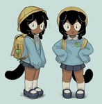 backpack black_hair bottomwear clothed clothing dark_body dark_skin eyewear female fully_clothed glasses hair hat headgear headwear kindergarten_uniform looking_at_viewer personal_alarm school_uniform simple_background skirt solo tail uniform young gorarati ami_(gorarati) canid canine humanoid mammal hi_res