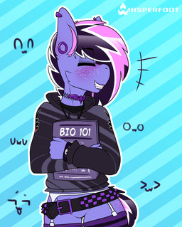anthro belt blush bottomless braces clothed clothing exposed eyes_closed featureless_crotch female freckles grin hoodie legwear pattern_background pattern_clothing pattern_legwear simple_background smile solo striped_background striped_clothing striped_legwear stripes topwear conditional_dnp whisperfoot hasbro my_little_pony berry_frost fan_character equid equine mammal 2019 digital_media_(artwork) hi_res