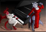 4_toes 5_fingers anthro barefoot big_breasts bow_tie breasts clothed clothing digitigrade dress duo electronics eyes_closed eyewear feet female fingers fur glasses grey_body grey_fur grey_hair hair holding_microphone holding_object keyboard_instrument legwear looking_at_viewer mature_anthro mature_female medium_breasts membrane_(anatomy) membranous_wings microphone musical_instrument open_mouth piano playing_music playing_piano purple_eyes red_body red_clothing red_dress red_scales red_wings scales singing sitting slit_dress standing stockings suit tail thigh_highs toes wearing_glasses white_bow_tie white_clothing white_suit wings planktonheretic mythology artificer_(voriof1) setta_flamowitz canid canine canis dragon mammal mythological_creature mythological_scalie scalie wolf 2023 hi_res