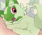 featureless_crotch feral green_body looking_at_viewer one_eye_closed open_mouth pawpads paws purple_eyes raised_tail smile solo tail rumine nintendo pokemon generation_9_pokemon pokemon_(species) sprigatito