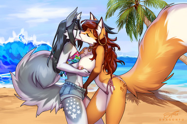 anthro anthro_on_anthro areola beach big_breasts biped black_horn bottomwear breasts brown_body brown_fur brown_hair brown_tail bulge_grab butt claws clothed clothed_anthro clothed_female clothed_male clothing cloud countershade_fur countershade_torso countershading day duo ear_piercing eyes_closed female femboy finger_claws fingers fur fur_markings grey_body grey_fur grey_hair grey_tail grope hair hand_on_breast hand_on_crotch hand_under_breast holding_breast horn hotpants inner_ear_fluff jewelry kissing male male/female markings necklace nipple_piercing nipples outside palm_tree pants partially_clothed partially_clothed_anthro partially_clothed_female piercing plant sand sea shorts side_view sky standing tail topless topless_anthro topless_female tree tuft water dragonfu grey_(greywolf570) tamara_fox canid canine fox mammal 2025 digital_media_(artwork) hi_res