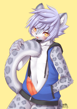 animal_genitalia animal_penis anthro balls barely_visible_balls barely_visible_genitalia biped black_nose blue_clothing blue_jacket blue_topwear blush bodily_fluids bottomless canine_genitalia canine_penis claws clothed clothing erection finger_claws fur genital_fluids genitals grey_body grey_fur grey_hair grey_spots hair hand_in_pocket holding_tail inner_ear_fluff jacket kemono long_tail looking_at_viewer male nipples open_mouth penis pockets precum precum_on_penis short_hair simple_background solo spots tail tongue topwear tuft yellow_background yellow_eyes wolflong felid mammal pantherine snow_leopard hi_res shaded signature