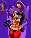 black_eyes bottomwear bra breasts clothing dark_body dark_skin eyelashes female hair humanoid_pointy_ears looking_at_viewer medium_breasts navel pants pointy_ears ponytail purple_background purple_hair red_bottomwear red_bra red_clothing red_pants red_underwear simple_background solo standing underwear diego_mejia shantae_(series) wayforward shantae genie humanoid