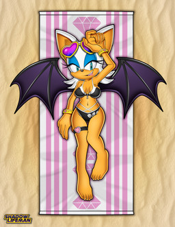 anthro beach_towel big_breasts bikini blue_eyes breasts cleavage clothed clothing eyewear female sand solo sunglasses swimwear towel two-piece_swimsuit wings shadowlifeman sega sonic_the_hedgehog_(series) rouge_the_bat bat mammal absurd_res hi_res