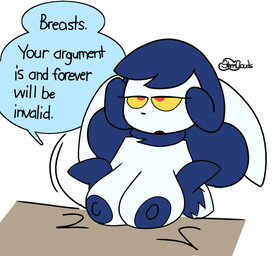 anthro big_breasts blue_body blue_fur blue_hair blue_nipples breasts dialogue female fur furniture hair nipples nude nude_female presenting presenting_breasts red_eyes simple_background solo table text white_background white_body white_fur yellow_sclera unfortu-nate fair_argument_(meme) nintendo pokemon aura_(unfortu-nate) generation_6_pokemon meowstic pokemon_(species) 2023 digital_media_(artwork) english_text hi_res meme