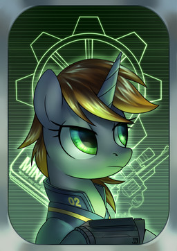 alternate_universe brown_mane female feral fur green_background green_eyes grey_body grey_fur gun horn mane pip-boy poster poster_template ranged_weapon simple_background solo text vault_suit weapon jedayskayvoker fallout fallout_equestria hasbro microsoft my_little_pony mythology fan_character littlepip equid equine mammal mythological_creature mythological_equine unicorn 2020 absurd_res english_text hi_res