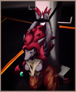 angry anthro bdsm big_breasts bondage border bound breasts clothing female female_anthro forced hair orange_border parking_lot questionable_consent rape red_hair restraints rope rope_bondage rope_harness sex solo street_lamp torn_clothing elangelote nintendo pokemon canid generation_5_pokemon mammal pokemon_(species) zoroark hi_res