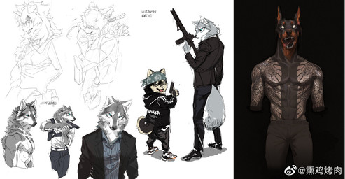 anthro arm_tattoo athletic black_body black_bottomwear black_clothing black_fur black_jacket black_pants black_suit black_suit_jacket black_topwear blue_clothing blue_eyes blue_shirt blue_topwear boots bottomwear chest_tattoo clothed clothing curled_tail duo fangs fluffy fluffy_tail footwear formal_wear fur grey_body grey_fur gun hair handgun head_scarf holding_gun holding_handgun holding_object holding_pistol holding_ranged_weapon holding_rifle holding_weapon holster horn jacket long_pants looking_aside looking_at_viewer looking_away male multicolored_body multicolored_fur open_mouth orange_body orange_fur pants pattern_clothing pattern_shirt pattern_topwear pistol ranged_weapon rifle shirt shoes shoulder_holster simple_background sneakers solo standing striped_clothing striped_shirt striped_topwear stripes suit suit_jacket tail tank_top tattoo teeth text tongue tongue_out topwear two_tone_body two_tone_fur waist_belt weapon white_body white_clothing white_eyes white_fur white_shirt white_topwear yoshi.kaoru arknights hypergryph studio_montagne aak_(arknights) hung_(arknights) canid canine canis dobermann domestic_cat domestic_dog felid feline felis mammal pinscher shiba_inu spitz wolf digital_media_(artwork) english_text hi_res monochrome sketch