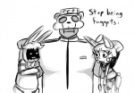 anthro bow_(feature) bow_tie buckteeth carrying_another clothing dialogue freddy_mask_(fnaf) group hat headgear headwear homophobic_slur machine male mask security security_guard simple_background teeth text uniform white_background inkyfrog five_nights_at_freddy's five_nights_at_freddy's_2 scottgames freddy_(fnaf) toy_bonnie_(fnaf) withered_bonnie_(fnaf) animatronic human lagomorph leporid mammal rabbit robot 2015 black_and_white english_text monochrome