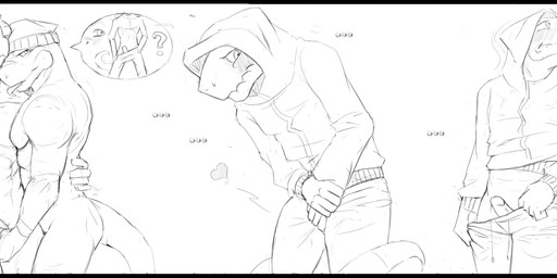 5_fingers abs adolescent anthro athletic ball_grab balls bedroom_eyes bench biped black_border blush border bottomwear clothing crotch_grab denim denim_bottomwear denim_clothing dialogue digitigrade ellipsis embarrassed erection facial_horn facial_spikes fingers flaccid fondling genitals glans grope group hat hat_only head_spikes headgear headgear_only headwear headwear_only heart_symbol hoodie horn humanoid_genitalia humanoid_penis inside jeans licking looking_aside male male/male mostly_nude muscular narrowed_eyes nervous nose_horn nude pants pecs penis question_mark seductive shy smile spikes spikes_(anatomy) standing tongue tongue_out topwear undressing young murskahammas lizard reptile scalie 2015 digital_drawing_(artwork) digital_media_(artwork) hi_res line_art monochrome pictographics sketch