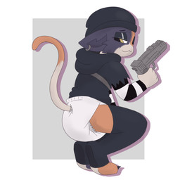 anthro beanie black_beanie black_clothing black_hat black_headwear black_hoodie black_topwear clean_diaper clothed clothing diaper ear_piercing female footwear gun handgun hat headgear headwear holding_gun holding_object holding_ranged_weapon holding_weapon hoodie piercing ranged_weapon socks solo tiptoes topwear weapon wearing_diaper yellow_eyes diaperstories epic_games fortnite meow_skulls calico_cat domestic_cat felid feline felis mammal 1:1 absurd_res hi_res
