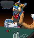 anthro blue_hair canid canine catmonkshiro clean_diaper clothed clothing diaper english_text fox hair happy hi_res hybrid hyena hyox laxative laxatives male mammal markings pantsless poker poker_chip poker_table smile smug solo spots spotted_body text tokky wearing_diaper