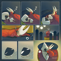 arthropod_webbing bed black_legs bound cloak clothed clothing duo ellipsis female female/female furniture heart_symbol lying on_back on_bed on_side red_cloak red_clothing sleeping sound_effects vowelless vowelless_sound_effect web_bondage white_head zzz kyochiii hollow_knight:_silksong hollow_knight_(franchise) team_cherry hornet_(hollow_knight) lace_(hollow_knight:_silksong) arthropod 1:1 comic hi_res