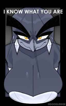 anthro armwear beak big_breasts black_body black_border black_hair border breast_focus breasts cleavage clothed clothing ear_piercing eyebrows female hair hanging_breasts huge_breasts looking_at_viewer non-mammal_breasts piercing smile solo text thick_eyebrows topwear white_clothing yellow_eyes doodledox i_know_what_you_are ryz_harlok avian bird corvid corvus_(genus) crow oscine passerine 2023 english_text meme