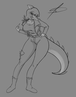anthro big_breasts bone_frill boots bottomwear breasts clothed clothed_anthro clothed_female clothing female fingers footwear frill_(anatomy) front_view grey_background hair hand_on_hip humanoid_hands jacket long_hair looking_at_viewer open_clothing open_jacket open_topwear pants pose shirt shoes simple_background smile solo spiked_tail spikes spikes_(anatomy) standing tail topwear torn_bottomwear torn_clothing torn_pants bass1l1ssc0 cavemanon_studios i_wani_hug_that_gator mia_moretti dinosaur hadrosaurid ornithischian ornithopod parasaurolophus prehistoric_species reptile scalie greyscale hi_res monochrome signature