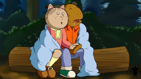 anthro camping clothed clothing detailed_background duo female footwear foreskin forest genitals hair half-erect holding_penis humanoid_genitalia humanoid_penis legwear log long_foreskin male male/female open_mouth outside penis penis_poking_out penis_through_fly plant shirt shoes sleeping socks tight_foreskin topwear tree unretracted_foreskin wood young blargsnarf arthur_(series) george_lundgren jenna_morgan deer domestic_cat felid feline felis mammal moose new_world_deer 16:9 2018 digital_media_(artwork) hi_res watermark widescreen