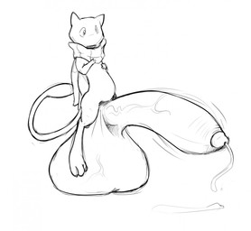anthro balls big_balls big_penis genitals hyper male penis scarf simple_background solo white_background saphiros nintendo pokemon generation_1_pokemon legendary_pokemon mew_(pokemon) pokemon_(species) 2015 monochrome