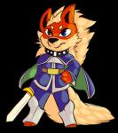 anthro anthrofied armor black_nose blue_eyes clothed clothing collar cosplay fur heterochromia male melee_weapon pokemorph red_body red_eyes red_fur solo sword weapon yellow_body yellow_fur softestpuffss nintendo pokemon puyo_puyo sega fan_character schezo_wegey tytus_the_arcanine arcanine canid canine generation_1_pokemon mammal pokemon_(species) alpha_channel hi_res