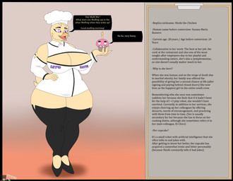anthro big_breasts big_butt breasts butt chef_hat clothed clothing curvy_figure dialogue female footwear hand_on_hip hat headgear headwear holding_object information_box legwear looking_at_another pink_eyes shoes simple_background solo text thick_thighs wide_hips yellow_eyes photolol.03 five_nights_at_freddy's scottgames chica_(fnaf) cupcake_(fnaf) la-shishi_(photolol.03) avian bird chicken galliform phasianid absurd_res flat_colors hi_res
