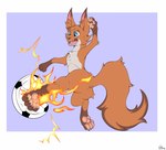 ball butt chest_tuft claws ears_up fangs feral fire flaming_kick fur inner_ear_fluff kick kicking_ball male midair open_mouth paws soccer_ball solo teeth tongue tuft wide_eyed jimfoxx canid canine fox mammal 2023 hi_res signature