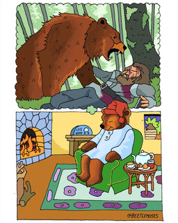 ambiguous_gender anthro attack barefoot beard beverage blood bodily_fluids clothed clothing dream duo electronics eyes_closed facial_hair fangs feet feral fire fireplace food forest furniture humor jelly_(food) knife male nature open_mouth plant plant_pot potted_plant radio rug sleeping sleeping_gown smile sofa solo table tea teapot teeth tree wood beetlemoses celestial_seasonings the_revenant hugh_glass leonardo_dicaprio sleepytime_bear bear human mammal 4:5 hi_res