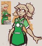 anthro apron brown_eyes clothing female fur green_clothing green_shirt green_topwear hair hair_bun name_tag shirt simple_background solo tan_body tan_fur text topwear mewgle unknown_character bovid caprine mammal sheep 2024 redraw